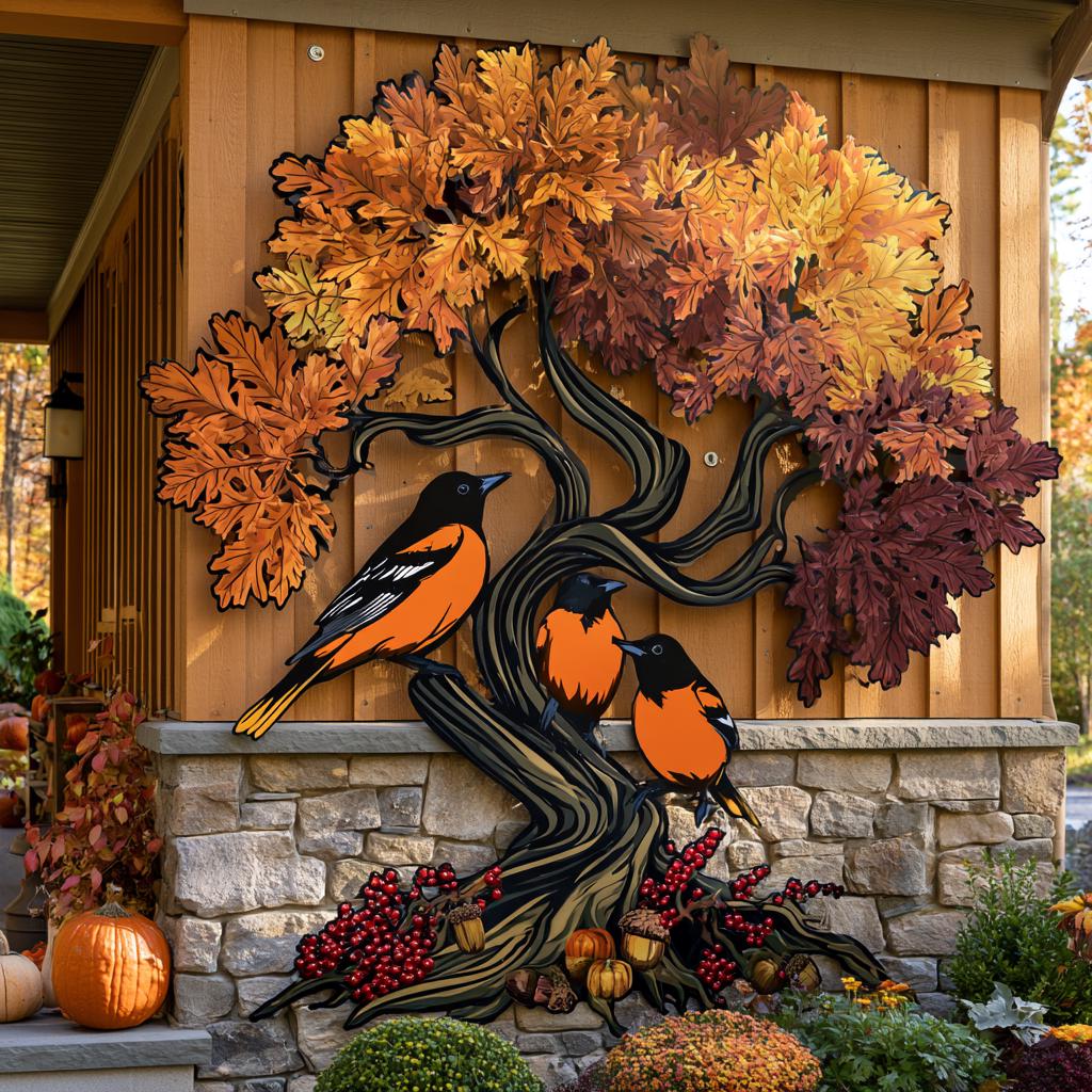Baltimore Oriole Tree of Life Metal Wall Art, Autumn Bird Decor (UV Printed Aluminum)