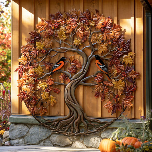 Baltimore Oriole Tree of Life Metal Wall Art, Autumn Bird Decor (UV Printed Aluminum)