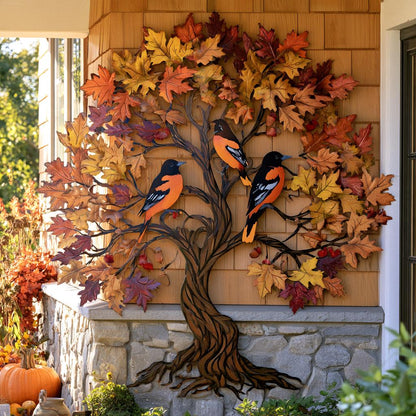 Baltimore Oriole Tree of Life Metal Wall Art, Autumn Bird Decor (UV Printed Aluminum)