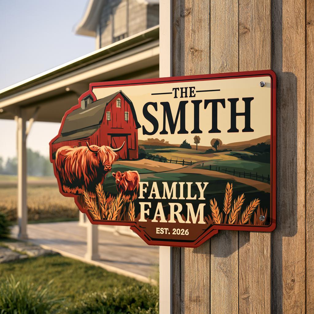 Personalized Family Farm Metal Sign: Highland Cow Barn Art (UV Printed Aluminum)
