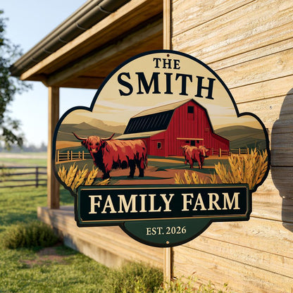 Personalized Family Farm Metal Sign: Highland Cow Barn Art (UV Printed Aluminum)