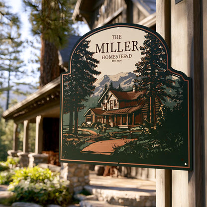 Custom Family Name Homestead Metal Sign: Mountain Farmhouse Wall Art (UV Printed Aluminum)