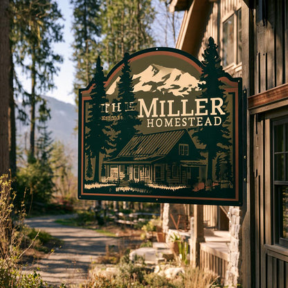Custom Family Name Homestead Metal Sign: Mountain Farmhouse Wall Art (UV Printed Aluminum)