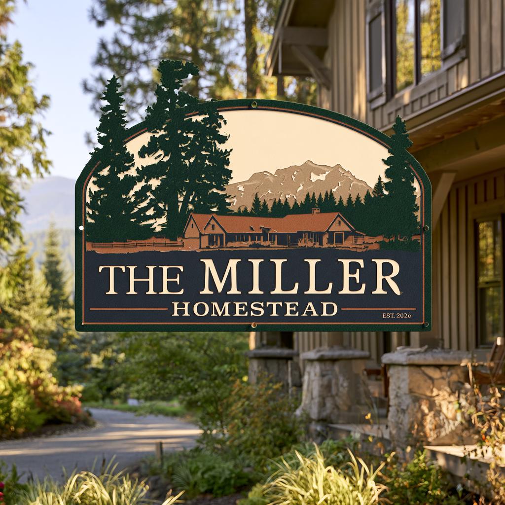 Custom Family Name Homestead Metal Sign: Mountain Farmhouse Wall Art (UV Printed Aluminum)