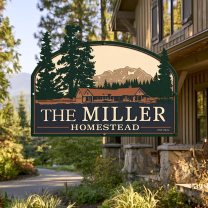 Custom Family Name Homestead Metal Sign: Mountain Farmhouse Wall Art (UV Printed Aluminum)