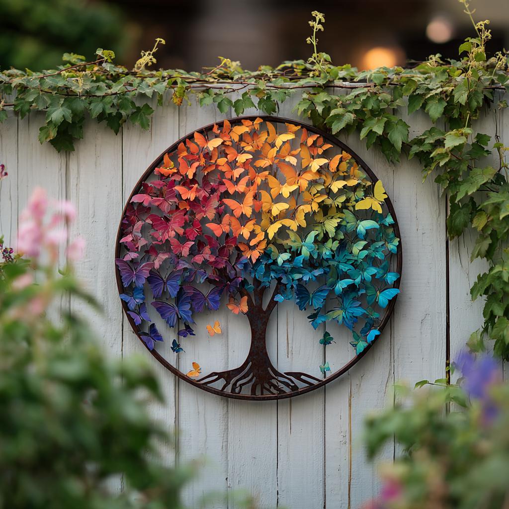 UV Printed Aluminum Butterfly Tree of Life Wall Art, Rainbow Garden Decor