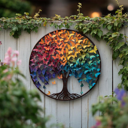 UV Printed Aluminum Butterfly Tree of Life Wall Art, Rainbow Garden Decor