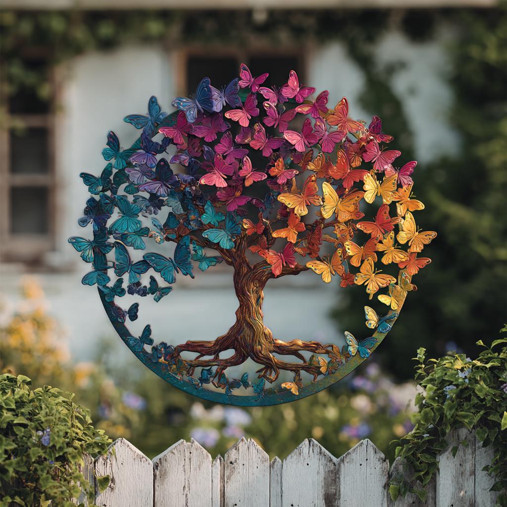 UV Printed Aluminum Butterfly Tree of Life Wall Art, Rainbow Garden Decor