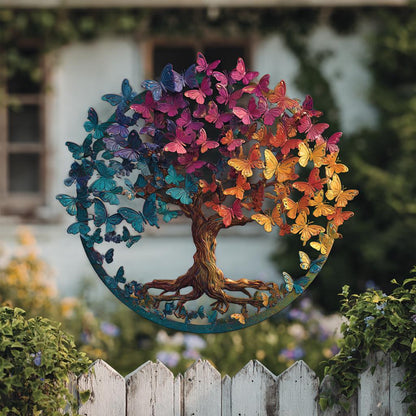 UV Printed Aluminum Butterfly Tree of Life Wall Art, Rainbow Garden Decor