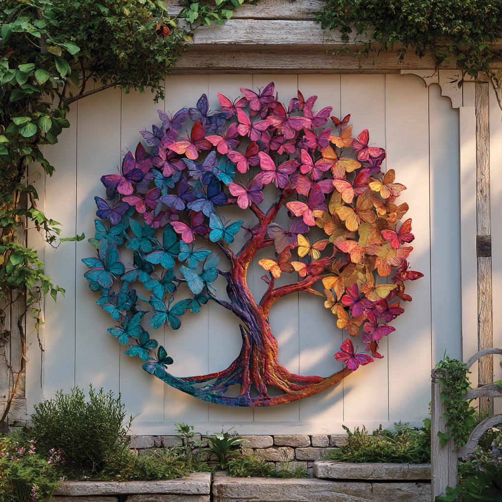 UV Printed Aluminum Butterfly Tree of Life Wall Art, Rainbow Garden Decor