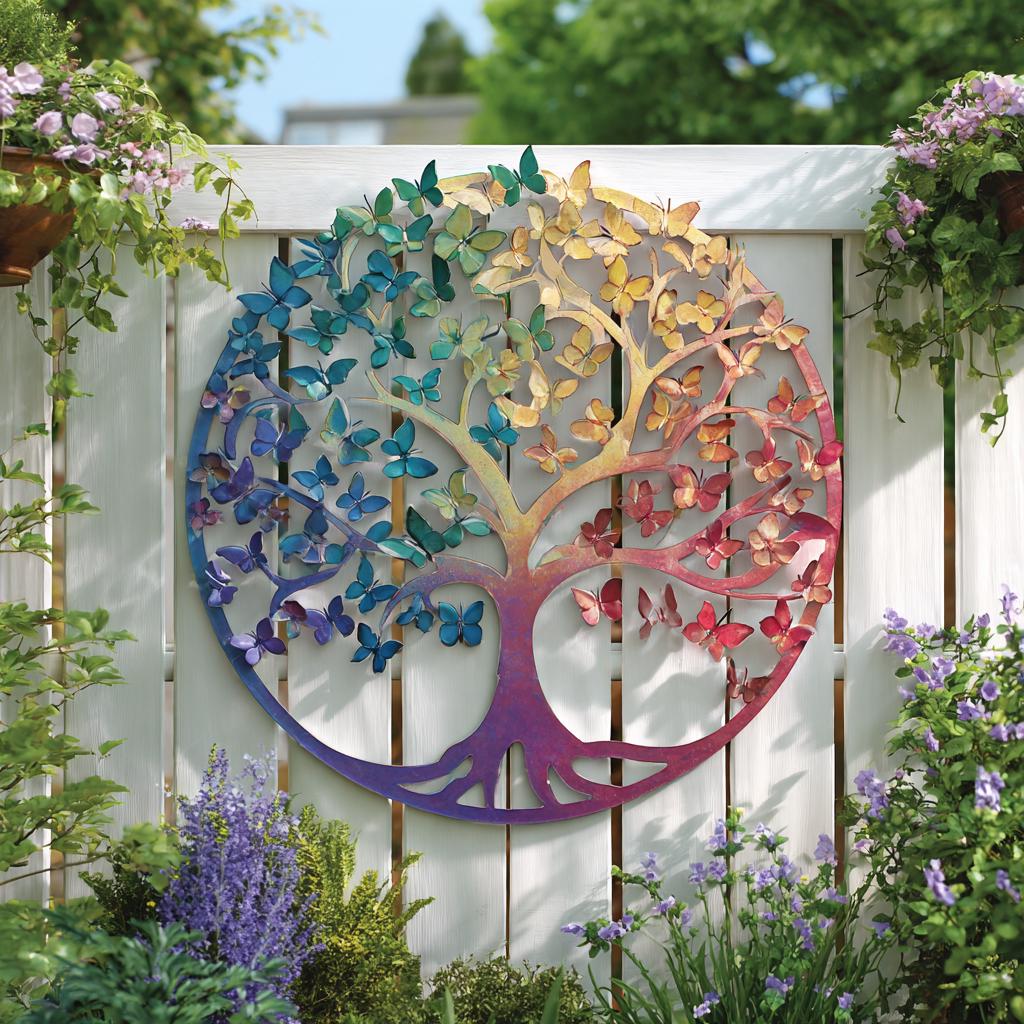 UV Printed Aluminum Butterfly Tree of Life Wall Art, Rainbow Garden Decor