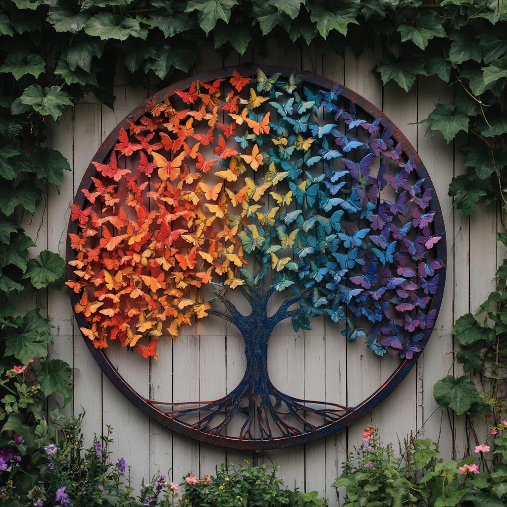 UV Printed Aluminum Butterfly Tree of Life Wall Art, Rainbow Garden Decor
