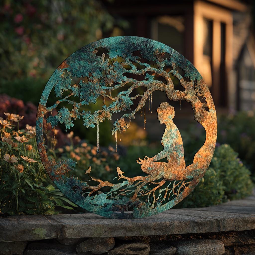 Tree of Life Meditation Metal Wall Art, Yoga Woman, Colorful Botanical (UV Printed Aluminum)