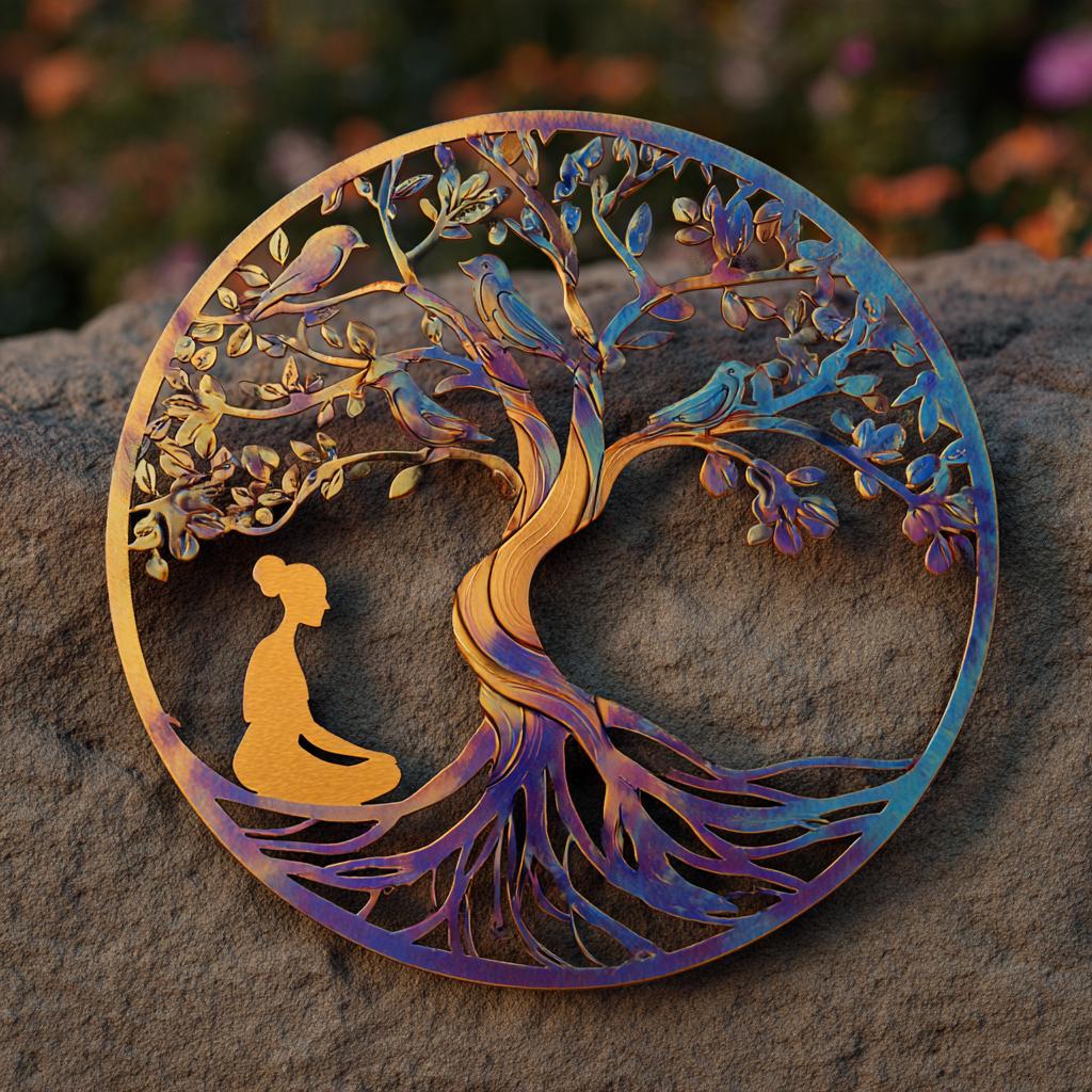 Tree of Life Meditation Metal Wall Art, Yoga Woman, Colorful Botanical (UV Printed Aluminum)