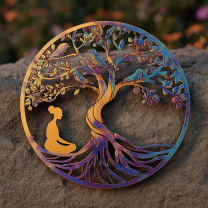 Tree of Life Meditation Metal Wall Art, Yoga Woman, Colorful Botanical (UV Printed Aluminum)