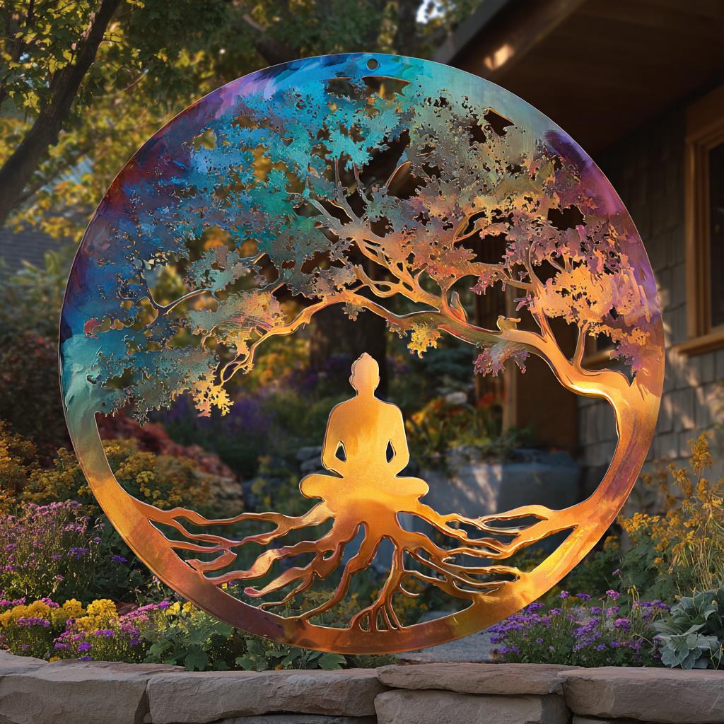 Tree of Life Meditation Metal Wall Art, Yoga Woman, Colorful Botanical (UV Printed Aluminum)