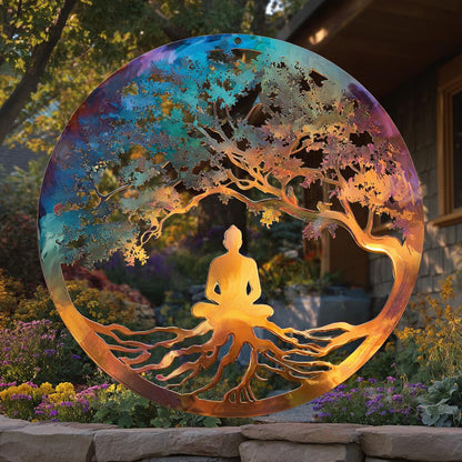 Tree of Life Meditation Metal Wall Art, Yoga Woman, Colorful Botanical (UV Printed Aluminum)