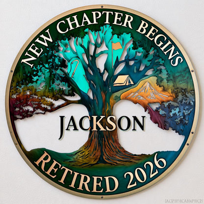 Personalized Retirement Metal Wall Art: Tree of Life, New Chapter Sign (UV Printed Aluminum)