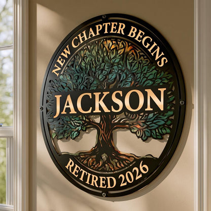 Personalized Retirement Metal Wall Art: Tree of Life, New Chapter Sign (UV Printed Aluminum)