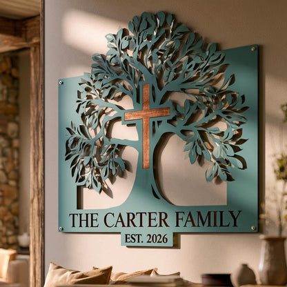 Personalized Tree of Life Metal Wall Art – Custom Christian Family Sign (UV Printed Aluminum)
