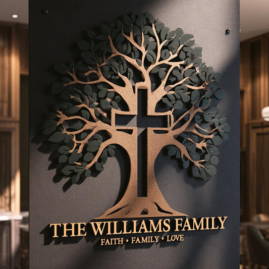 Personalized Family Tree Wall Art: Custom Name Sign with Cross (UV Printed Aluminum)