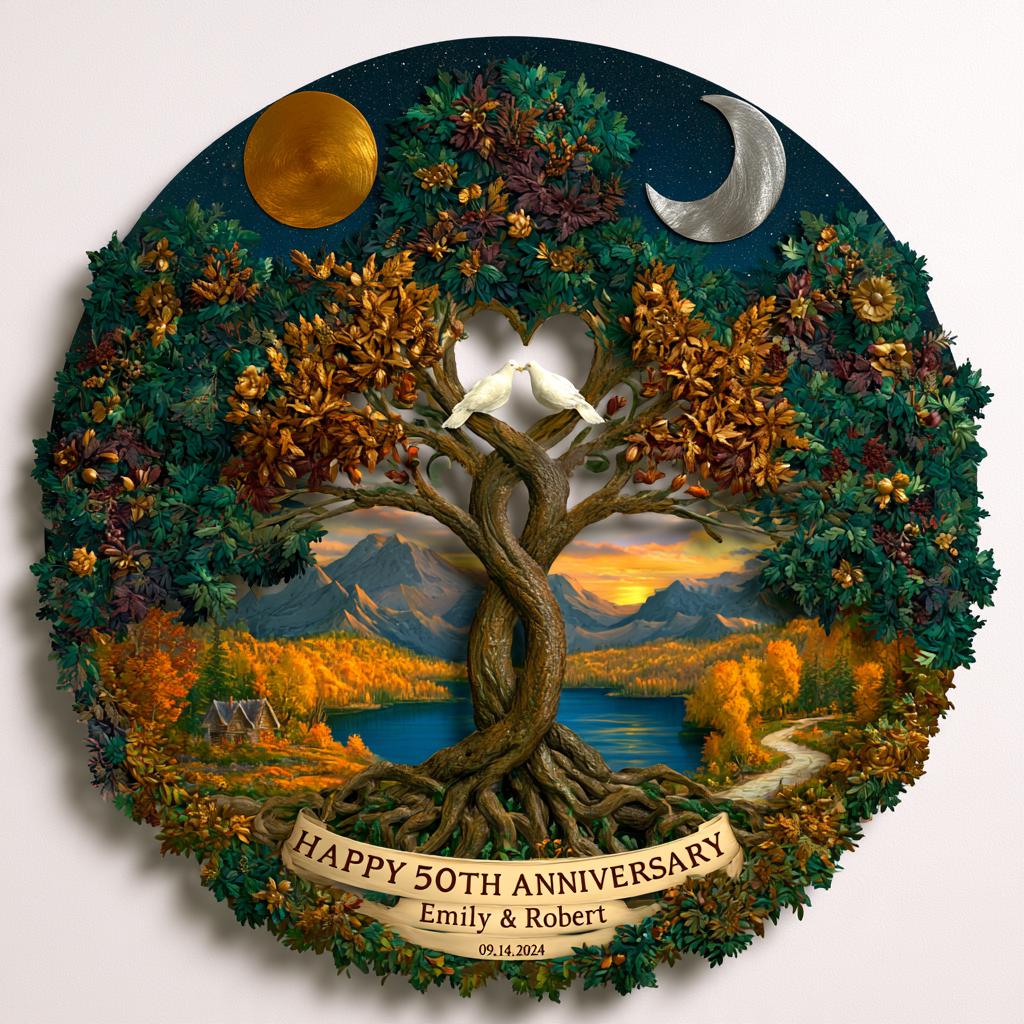 Personalized 50th Anniversary Tree of Life Wall Art, UV Printed Aluminum Metal Sign
