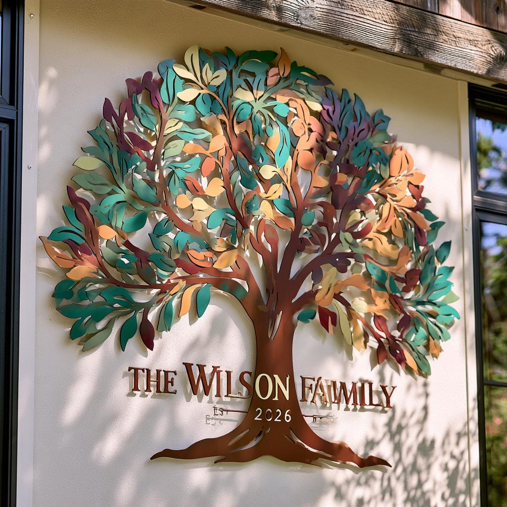 Personalized Family Name Tree Metal Wall Art – Custom Rustic Farmhouse Decor (UV Printed Aluminum)