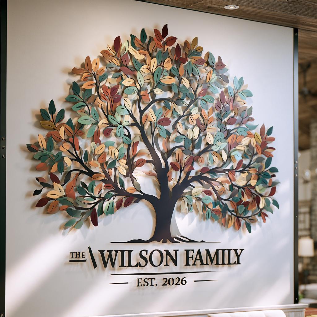 Personalized Family Name Tree Metal Wall Art – Custom Rustic Farmhouse Decor (UV Printed Aluminum)