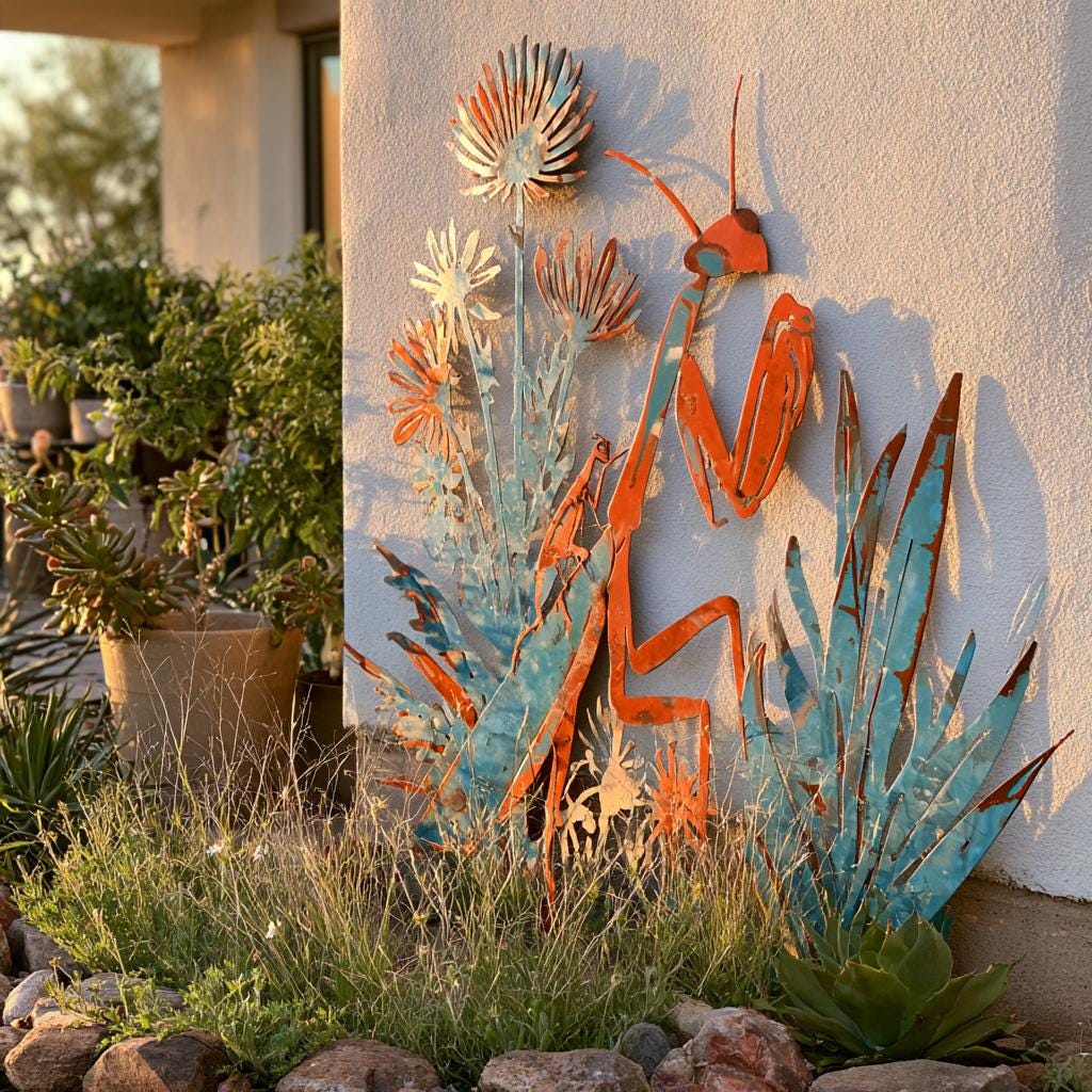 UV Printed Aluminum Mantis Wall Art, Rustic Garden Decor, Botanical Nature Sign