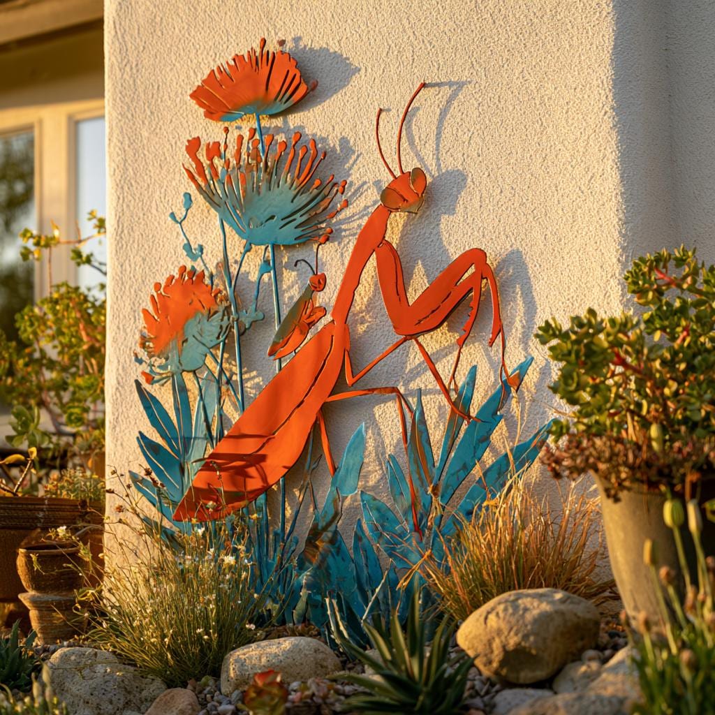 UV Printed Aluminum Mantis Wall Art, Rustic Garden Decor, Botanical Nature Sign