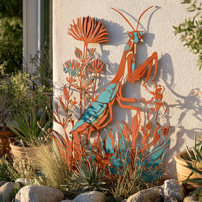 UV Printed Aluminum Mantis Wall Art, Rustic Garden Decor, Botanical Nature Sign