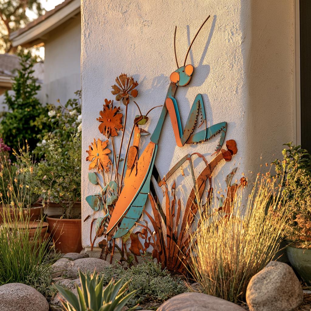UV Printed Aluminum Mantis Wall Art, Rustic Garden Decor, Botanical Nature Sign
