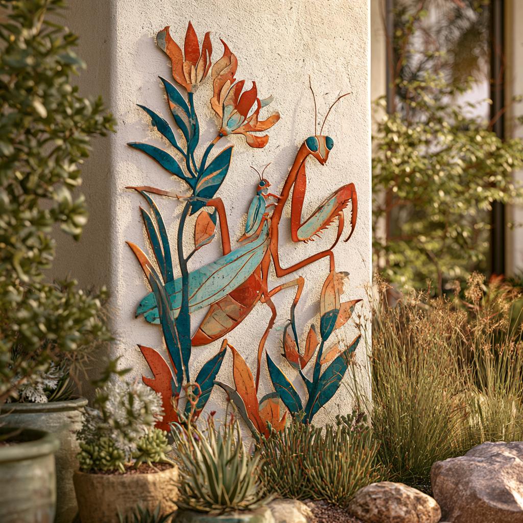 UV Printed Aluminum Mantis Wall Art, Rustic Garden Decor, Botanical Nature Sign