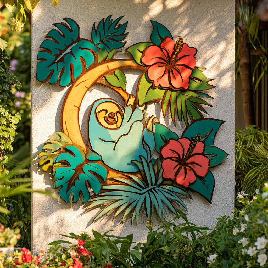 UV Printed Aluminum Sloth Wall Art, Tropical Jungle Decor, Botanical Garden Sign