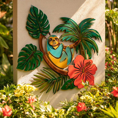 UV Printed Aluminum Sloth Wall Art, Tropical Jungle Decor, Botanical Garden Sign