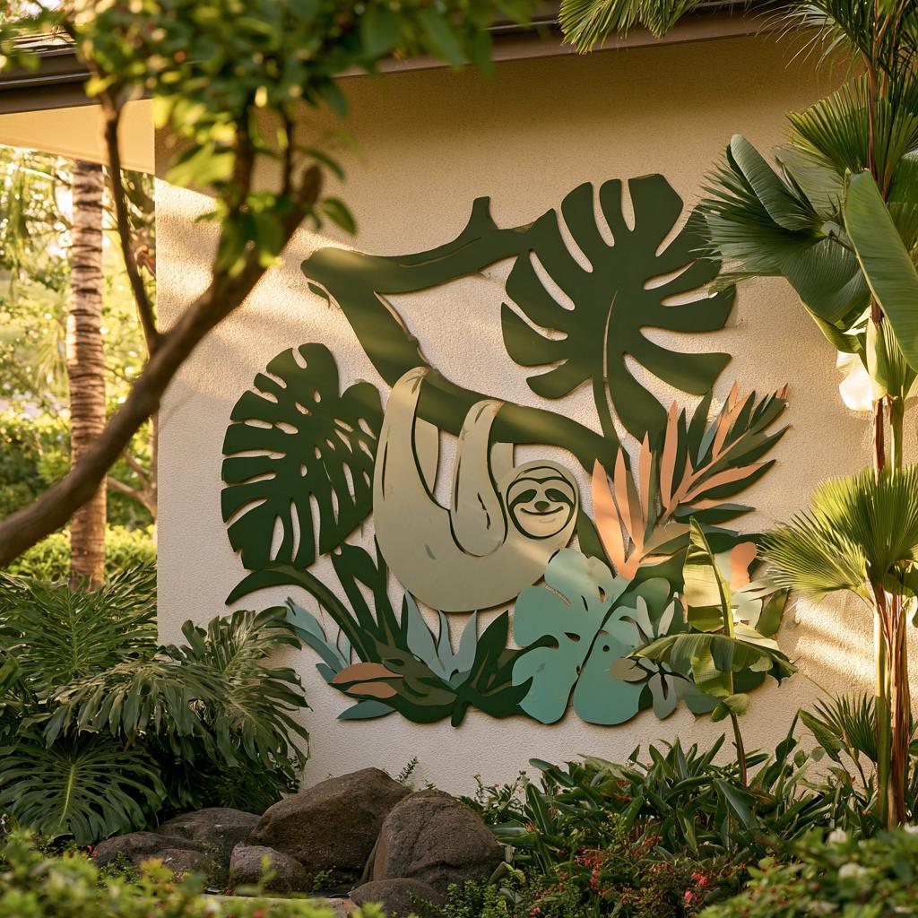 UV Printed Aluminum Sloth Wall Art, Tropical Jungle Decor, Botanical Garden Sign