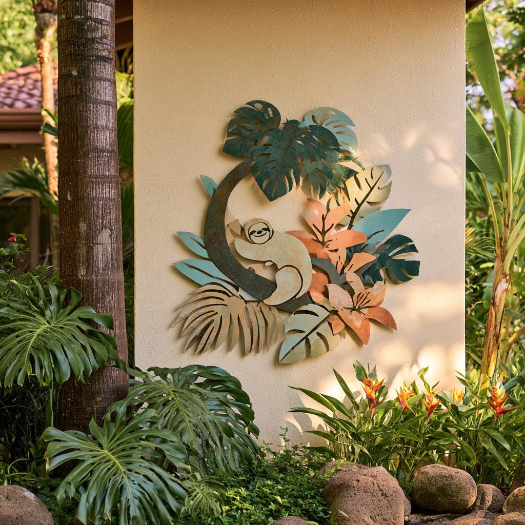 UV Printed Aluminum Sloth Wall Art, Tropical Jungle Decor, Botanical Garden Sign