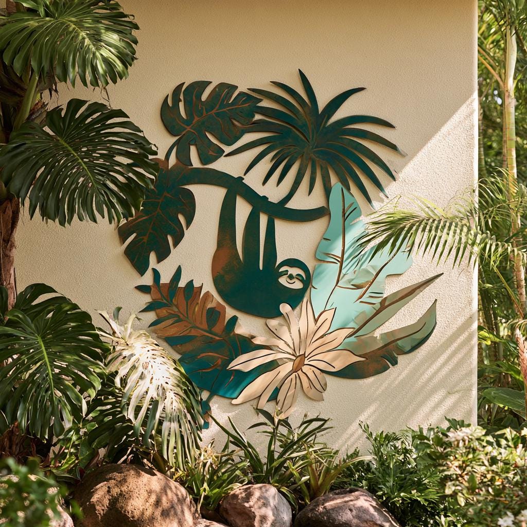UV Printed Aluminum Sloth Wall Art, Tropical Jungle Decor, Botanical Garden Sign