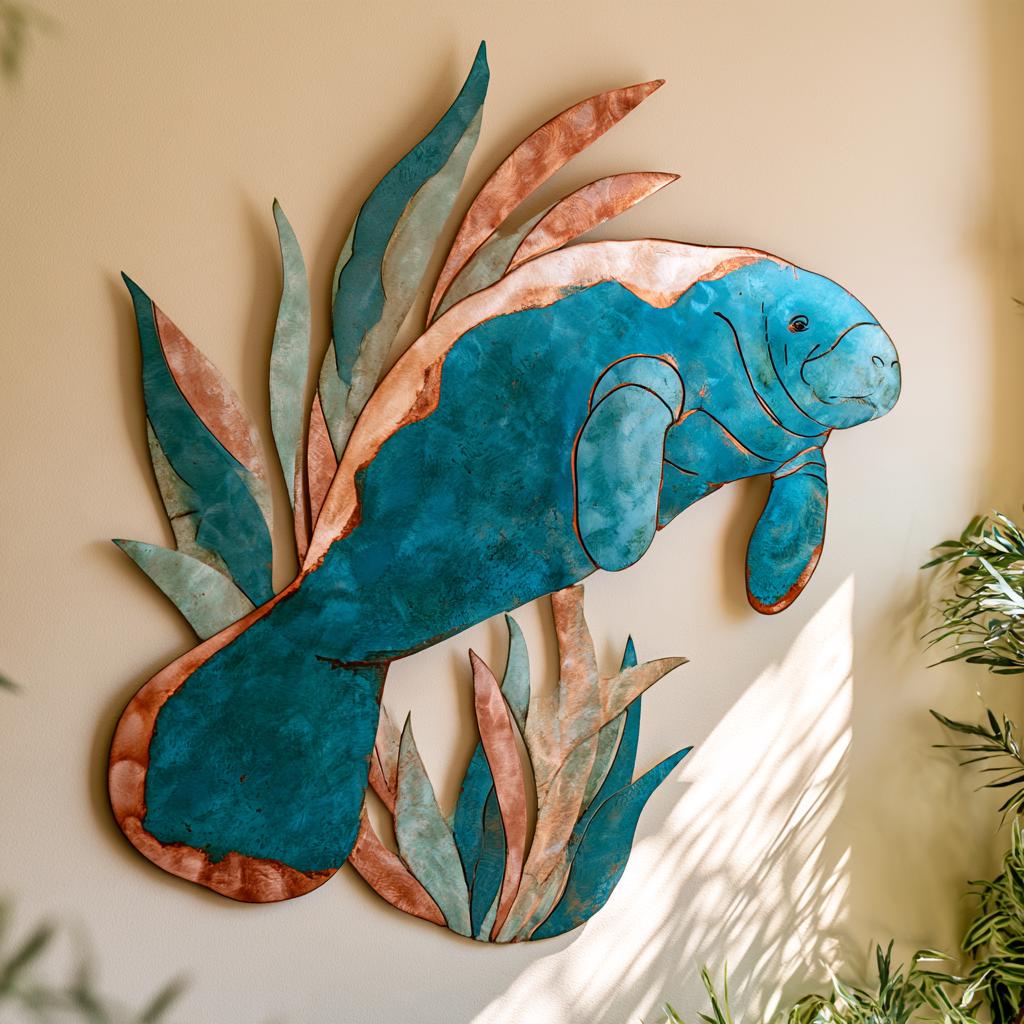 UV Printed Aluminum Manatee Wall Art, Coastal Tropical Decor (2D Metal Sign)
