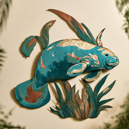 UV Printed Aluminum Manatee Wall Art, Coastal Tropical Decor (2D Metal Sign)
