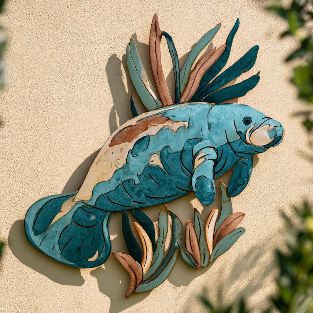UV Printed Aluminum Manatee Wall Art, Coastal Tropical Decor (2D Metal Sign)