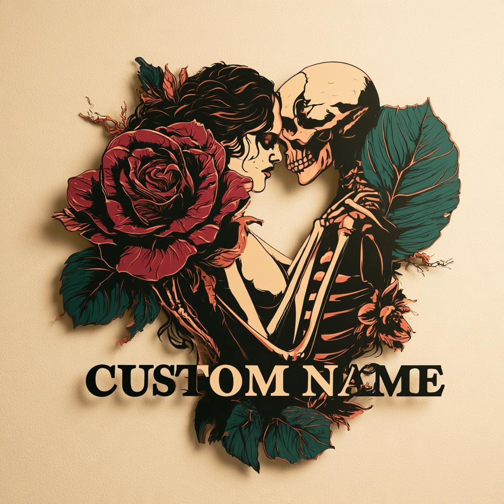 Personalized Gothic Skeleton Couple Wall Art, Custom Name Metal Sign (UV Printed Aluminum)