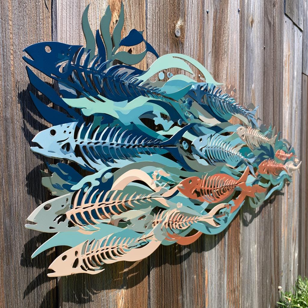 UV Printed Aluminum Metal Wall Art: School of Fish Skeletons, Coastal Ocean Decor