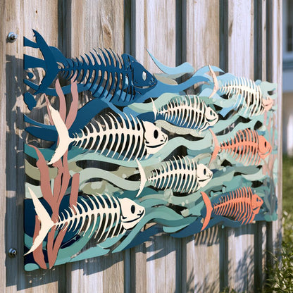 UV Printed Aluminum Metal Wall Art: School of Fish Skeletons, Coastal Ocean Decor