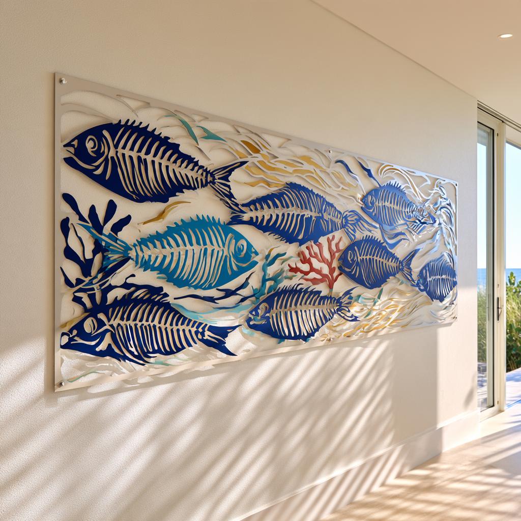 UV Printed Aluminum Metal Wall Art: School of Fish Skeletons, Coastal Ocean Decor