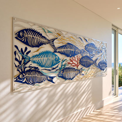 UV Printed Aluminum Metal Wall Art: School of Fish Skeletons, Coastal Ocean Decor