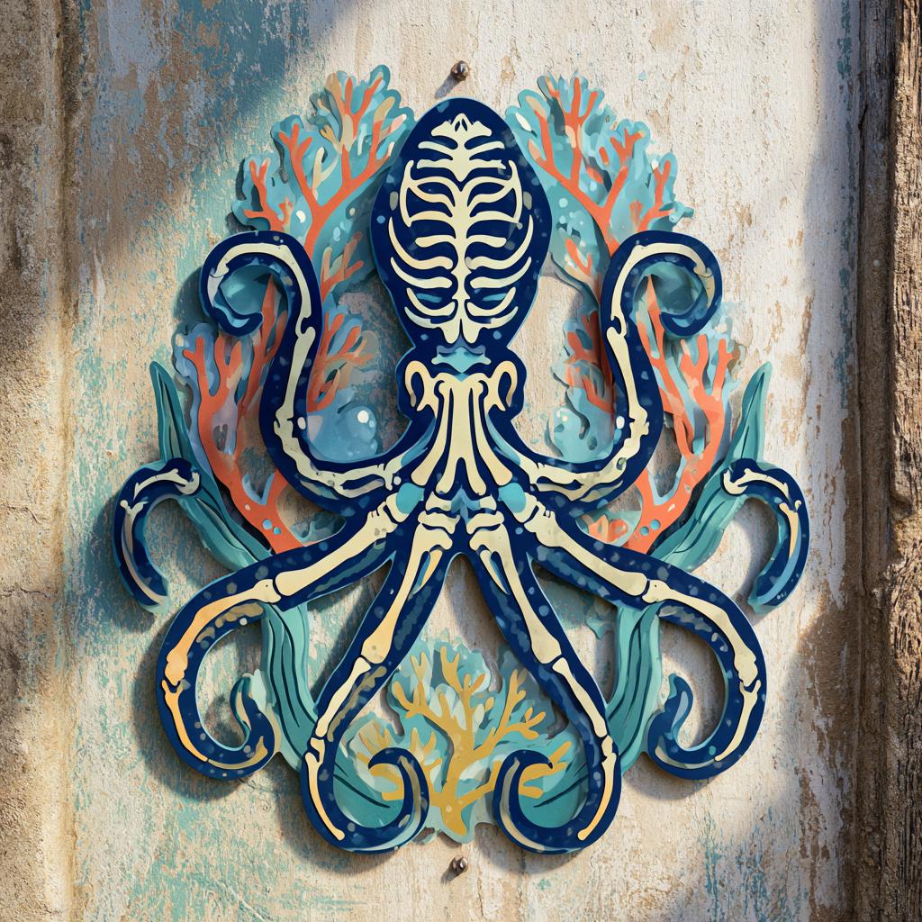 UV Printed Aluminum Octopus Skeleton Wall Art: Coastal Ocean Decor (2D Metal Sign)