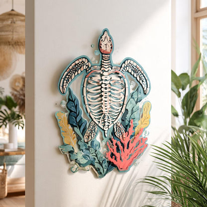 UV Printed Aluminum Sea Turtle Skeleton Wall Art, Coastal Home Decor