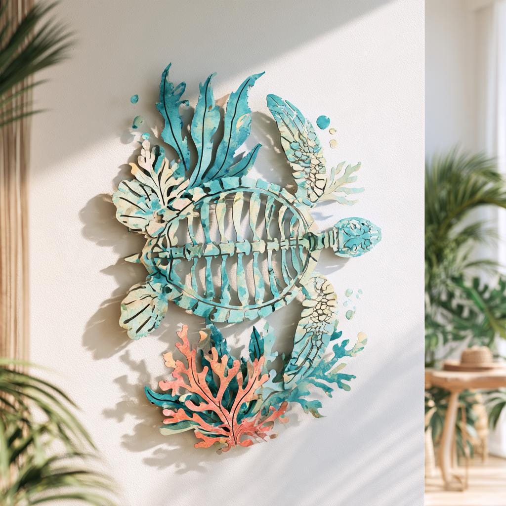 UV Printed Aluminum Sea Turtle Skeleton Wall Art, Coastal Home Decor