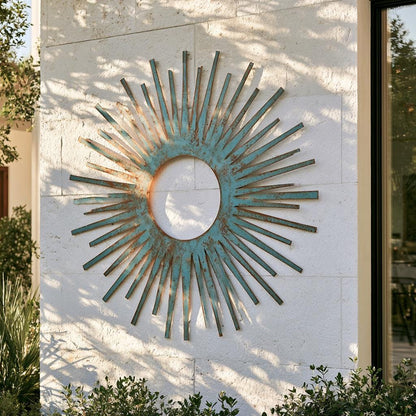 UV Printed Aluminum Sunburst Wall Art, Turquoise Copper Sun Decor (Outdoor Patio)